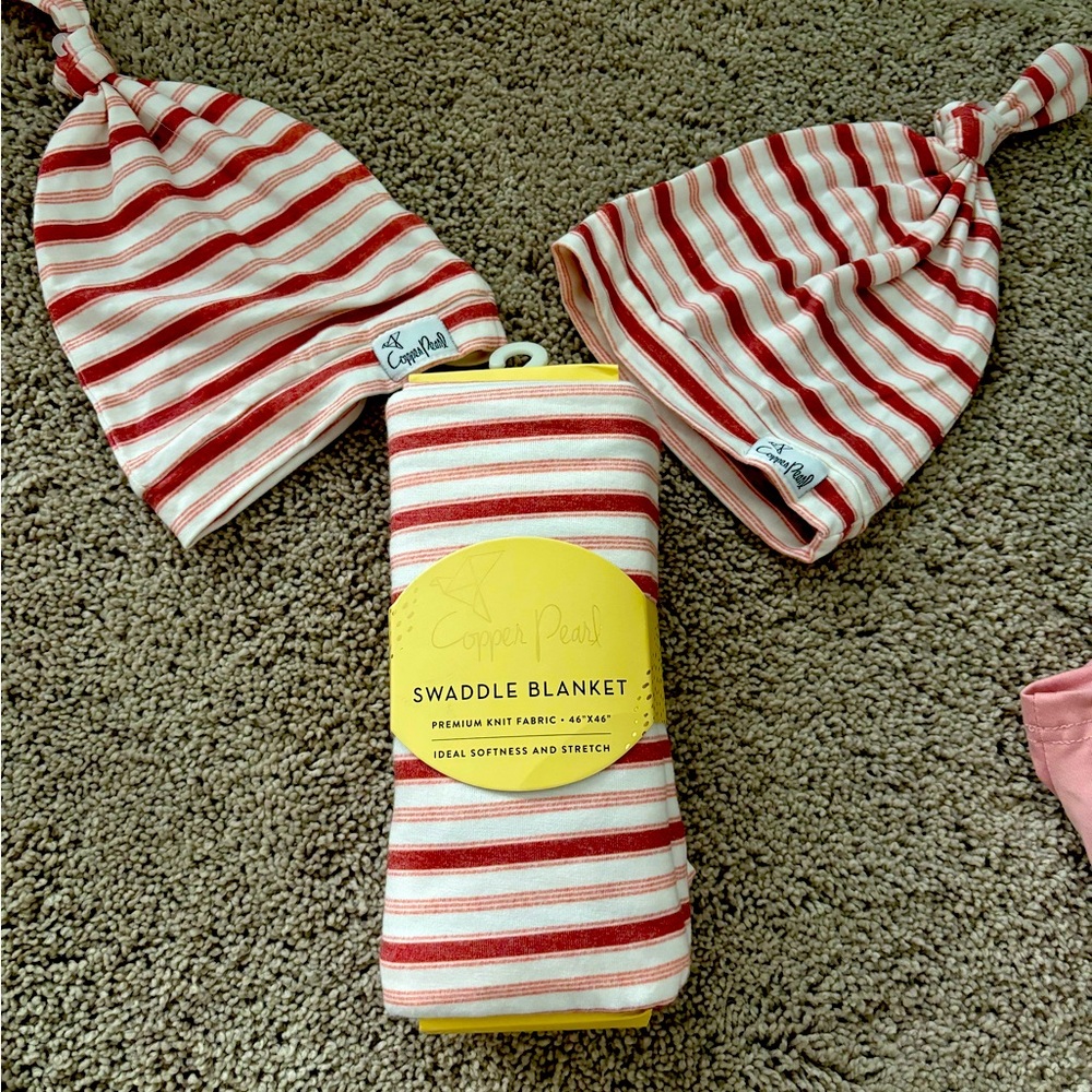 Copper pearl cinnamon striped swaddle and two top knot hats, brand new!